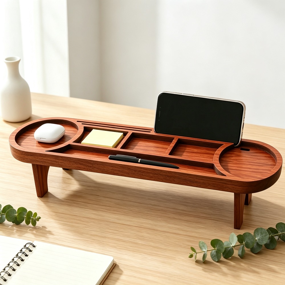 Tech Office Accessories - Houten bureau-organizer met telefoonstandaard Multifunctioneel bureau-opbergrek